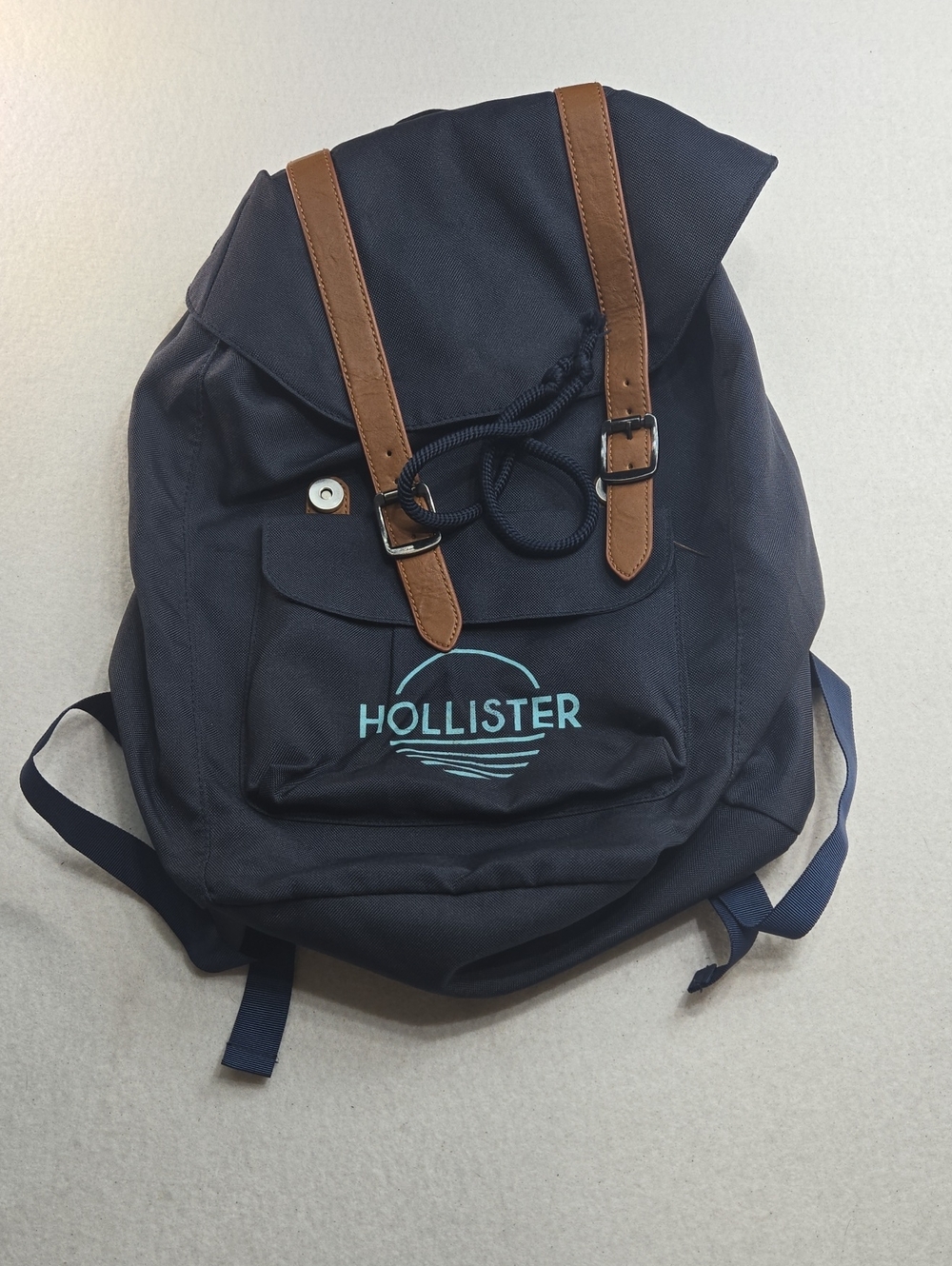 Hollister Navy Blue Backpack with Brown Trim